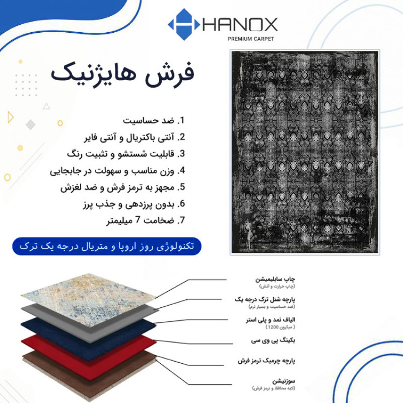 فرش ماشینی 1000 شانه هانوکس زمینه طوسی حاشیه چند رنگ مدل مدرن کد HAM.975.3