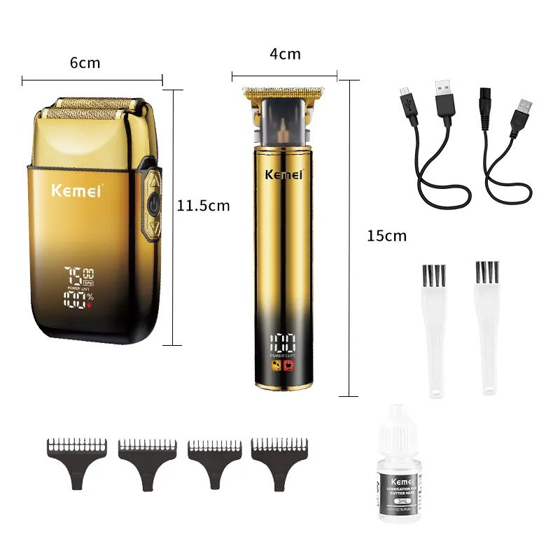 مجموعه 2 عددی ماشین اصلاح موی سر و صورت کیمی مدل KM-2131 با تیغه استیل ضدزنگ، شارژ سریع، تنظیم سرعت، منبع انرژی کابل USB، شامل شیور صفرزن، تریمر حجم‌زن و خط‌زن با مدت استفاده 120 دقیقه پس از شارژ