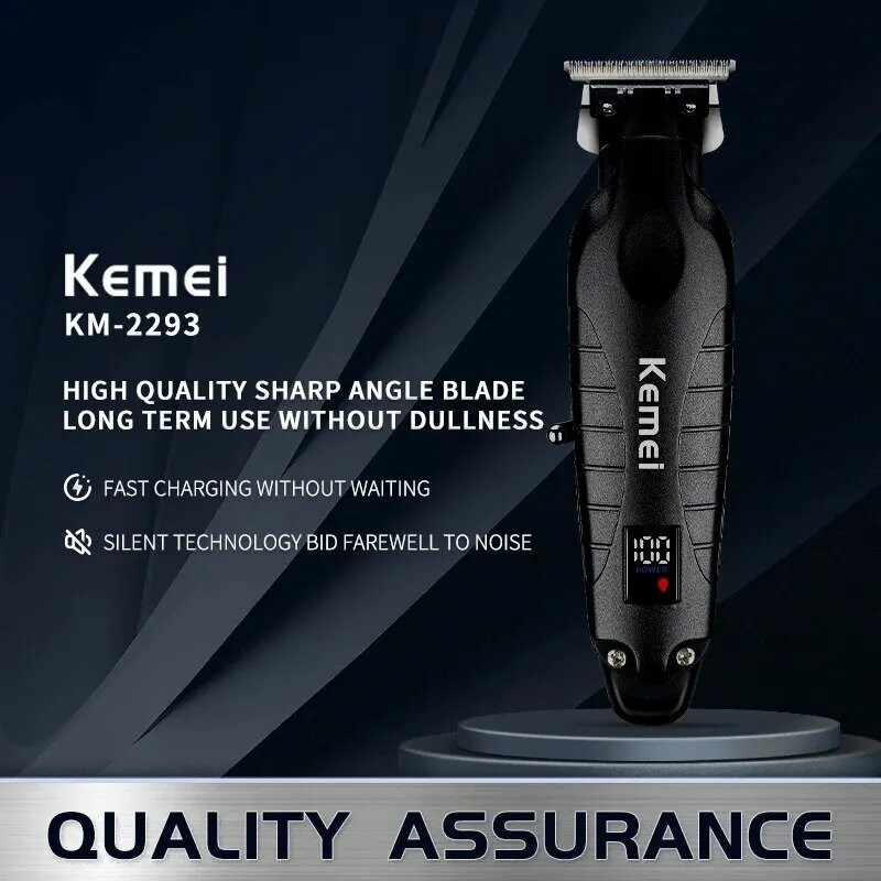 ماشین اصلاح موی سر و صورت کیمی مدل KM-2293 با تیغه کربن استیل خودتیز شونده، موتور 6000 دور در دقیقه، طراحی ارگونومیک، شانه قابل تنظیم 1 تا 3 میلی‌متر و باتری 1200 میلی‌آمپر ساعت با شارژ و عملکرد 180 دقیقه‌ای
