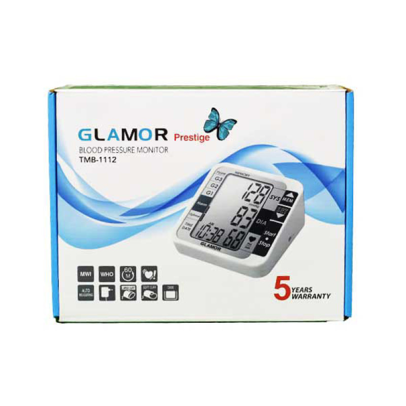 فشارسنج بازویی دیجیتال گلامور مدل TMB-1112 دو کاربره با حافظه 250 رکورد، تشخیص آریتمی، فناوری WMI، منبع انرژی برق و باتری، کاف فنری و ساده برای بازوی 22 تا 42 سانتی‌متر، نمایش میانگین نتایج و خاموشی خودکار