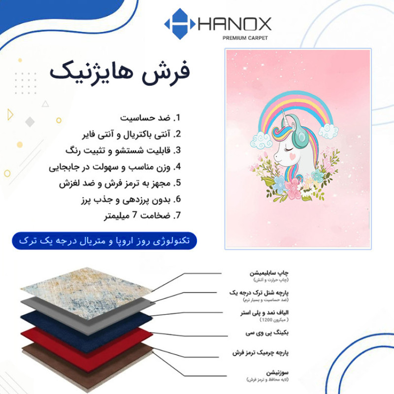 فرش ماشینی 1000 شانه هانوکس زمینه صورتی حاشیه چند رنگ مدل کودک کد U331