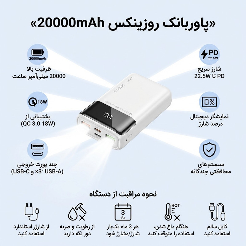 پاوربانک بی سیم ۱۸ وات روزینکس مدل پرایم ظرفیت ٢٠٠٠ میلی آمپر ساعت