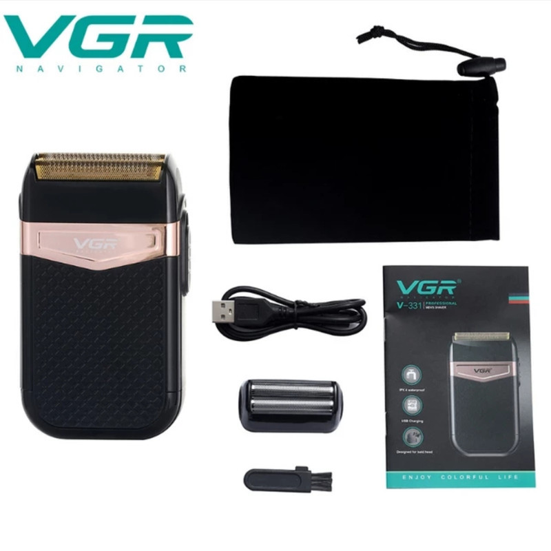 ماشین اصلاح موی صورت وی جی ار مدل 331 ضدآب با طراحی ارگونومیک، تیغه استیل پیشرفته سه‌تیغه، شارژ USB و قابلیت استفاده خشک و مرطوب
