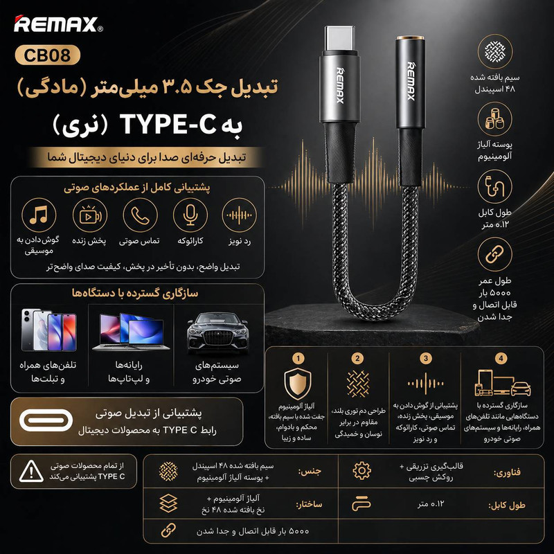 کابل تبدیل USB-C به جک 3.5 میلی متری ریمکس مدل CB08 طول 0.12 متر