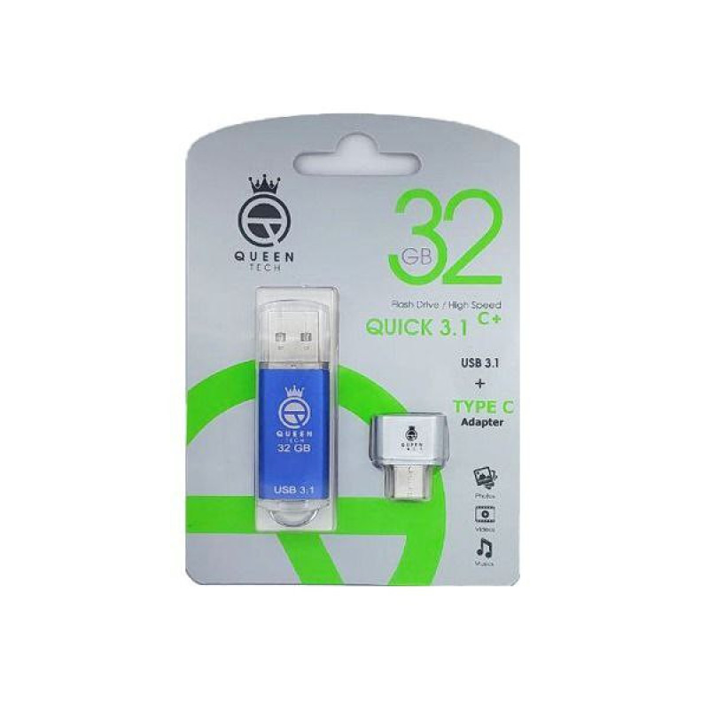 فلش مموری 32 گیگابایت کوئین تک مدل QUICK USB3.1 CPLUS با مبدل USB-C، مقاوم در برابر آب، ضربه، شوک، گرد و غبار، خش و اثر انگشت