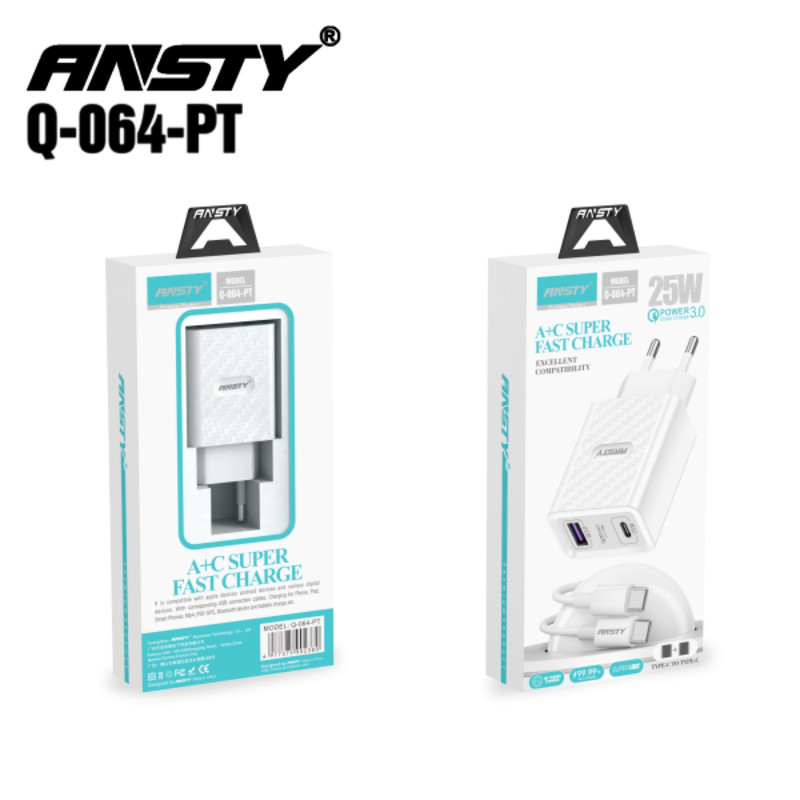 شارژر دیواری 25 وات انستی مدل Q-064 Super fast به همراه کابل تبدیل USB-C