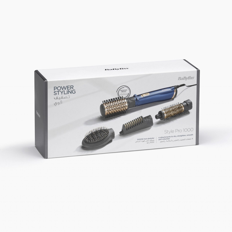 سشوار برس‌دار چرخشی 1000 وات بابیلیس مدل Style pro 1000، موتور DC، وزن 280 گرم، المنت سرامیک، دارای سری متمرکز‌کننده باریک با ویژگی صاف‌کنندگی، فرکنندگی، با قابلیت باد سرد، فناوری تولید یون