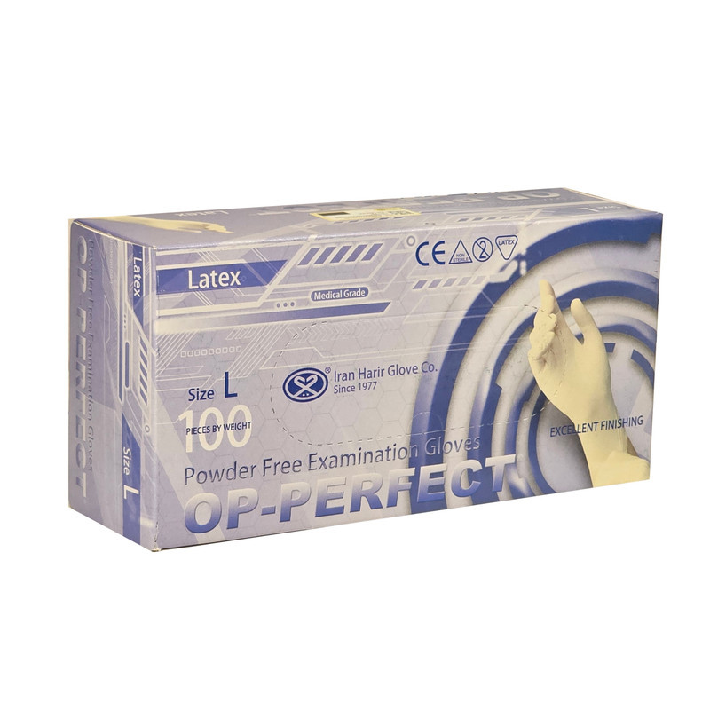 دستکش لاتکس غیر پودری مدل اوپی پرفکتL1 سایز بزرگ (L) بسته 100 عددی