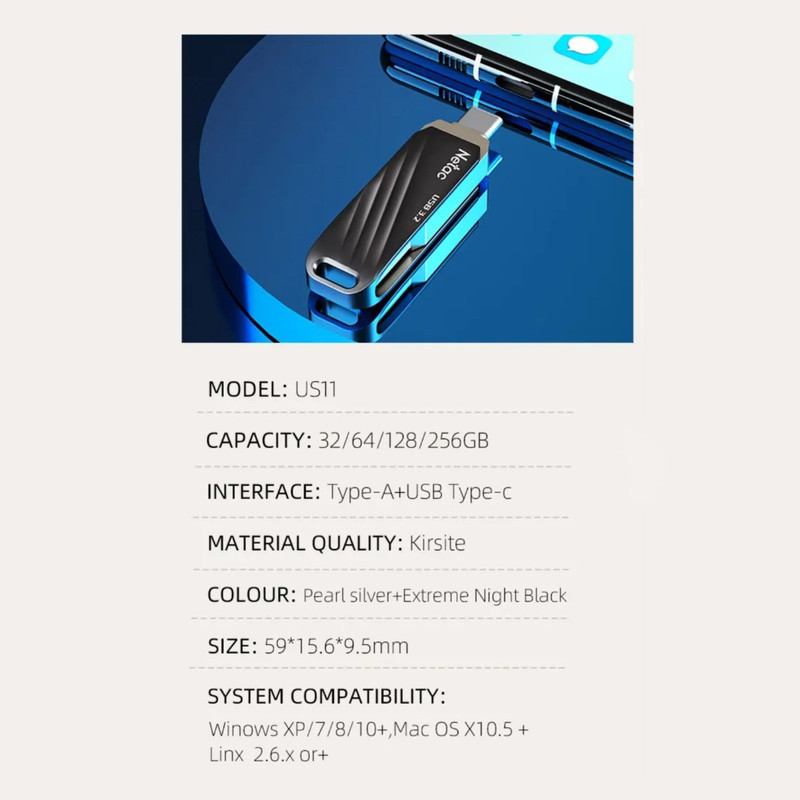 فلش مموری USB 3.2  USB-C نتاک مدل US11 ظرفیت 128 گیگابایت