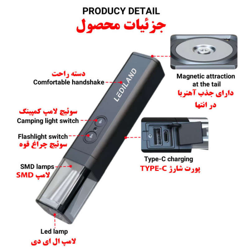 چراغ قوه دستی لدیلند مدل GO-G58 با نور چند رنگ