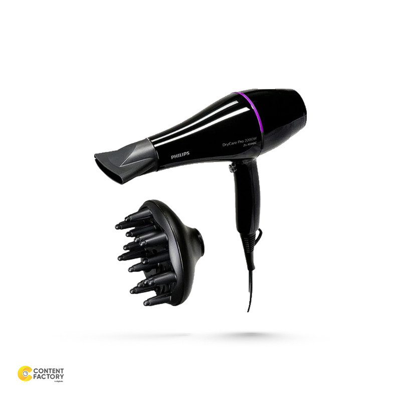 سشوار حرفه‌ای 2200 وات فیلیپس مدل BHD274، موتور AC، وزن 600 گرم، دارای سری متمرکز‌کننده باریک، متمرکز‌کننده پهن با ویژگی حجم‌دهندگی، با قابلیت باد سرد، فناوری تولید یون