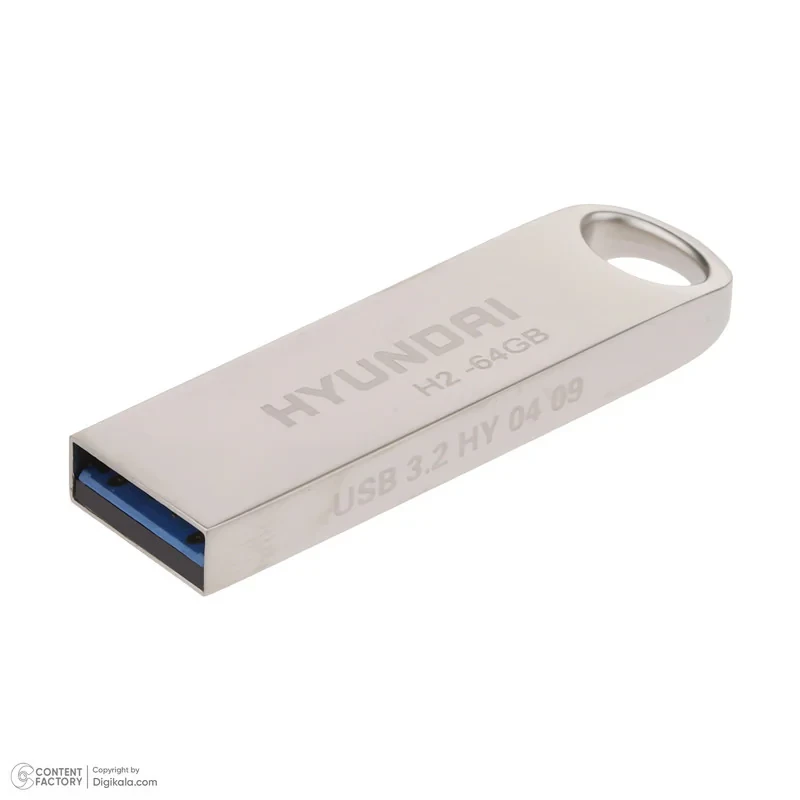 فلش مموری 64 گیگابایت هیوندای مدل H2 USB 3.2 با بدنه استیل ضد اثر انگشت، مقاوم در برابر آب، ضربه، شوک و گردوغبار، طراحی لوکس و سبک، مناسب حمل آسان و سازگار با تمامی سیستم‌عامل‌ها