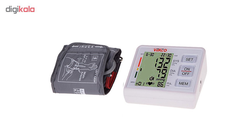 فشارسنج دیجیتال بازویی وکتو مدل PG-800B15S با نمایش میانگین نتایج، منبع تغذیه برق و باتری، سایز بازو 22 تا 32 سانتی‌متر و اقلام همراه آداپتور و کیف نگهدارنده