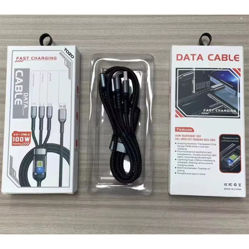 کابل تبدیل USB به microUSB  USB-C  لایتنینگ توزو مدل 3IN1 100W طول 1.2 متر