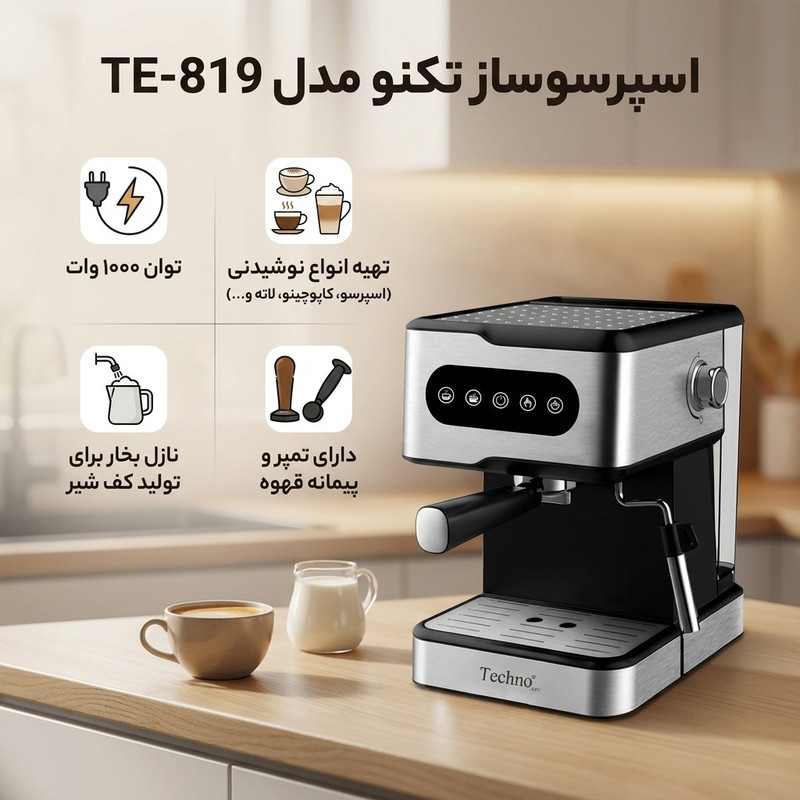 اسپرسوساز خانگی 1500 میلی‌لیتری تکنو مدل TE-819، با مصرف پودر قهوه، مناسب تهیه اسپرسو، کافه لاته، موکا، کاپوچینو، ماکیاتو، ریسترتو، لانگو، امریکانو، کافه اوله، فلت وایت و فرانسه، دارای 1 عدد نازل قهوه، حالت آماده به کار، سینی چکه گیر