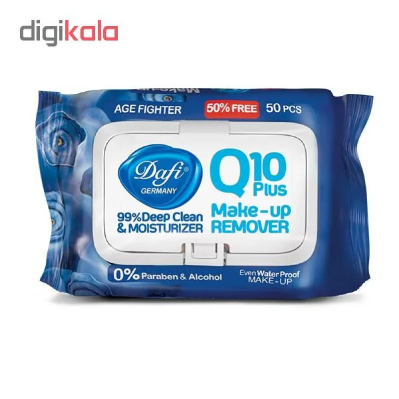دستمال پاک کننده آرایشی دافی مدل Q10 PLUS ضد پیری بسته 50 عددی