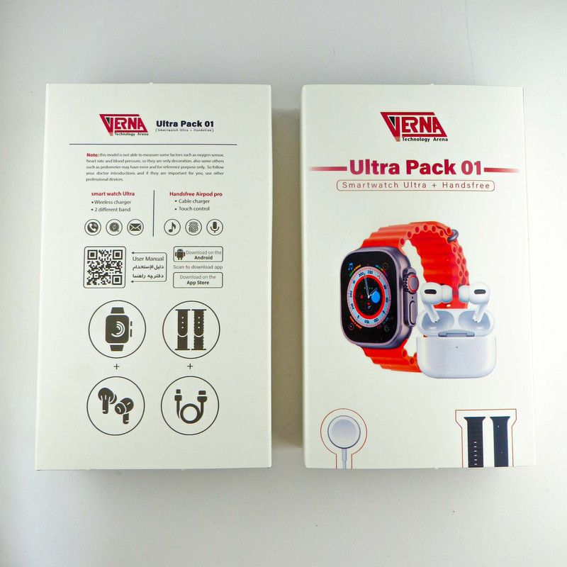 ساعت هوشمند ورنا مدل Ultra pack 01 به همراه هندزفری بیسیم دارای قابلیت های قابلیت مکالمه از طریق بلوتوث، کنترل موسیقی (Music Player)، پشتیبانی از زبان فارسی در منو و سیستم‌عامل بند سیلیکون