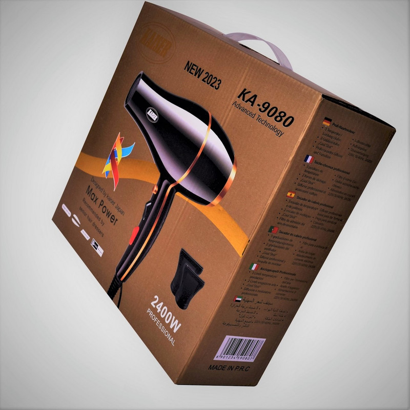 سشوار حرفه‌ای 2400 وات کایسر مدل Max Power کد KA-9080، موتور AC، وزن 1000 گرم، المنت تیتانیوم، دارای سری متمرکز‌کننده باریک، متمرکز‌کننده پهن با ویژگی صاف‌کنندگی، حجم‌دهندگی، با قابلیت باد سرد