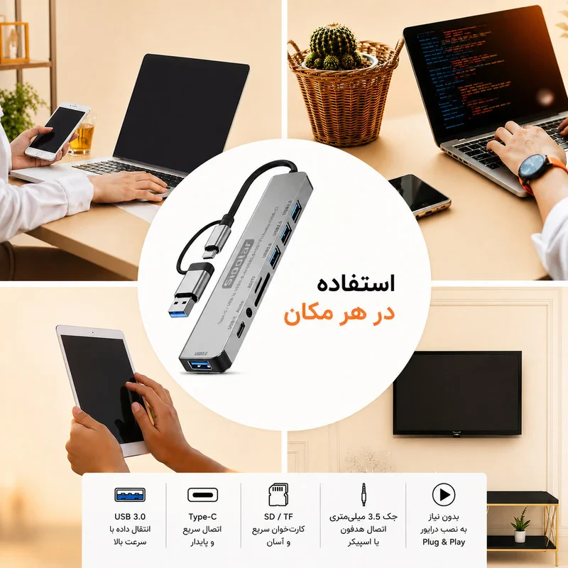هاب 8 پورت USBUSB-C سیپولار مدل USBType-C to Audio