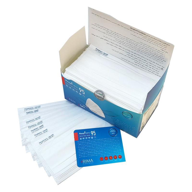 ماسک تنفسی ریما مدل سه لایه نانوالیاف N95 رسپی نانو بسته 50 عددی