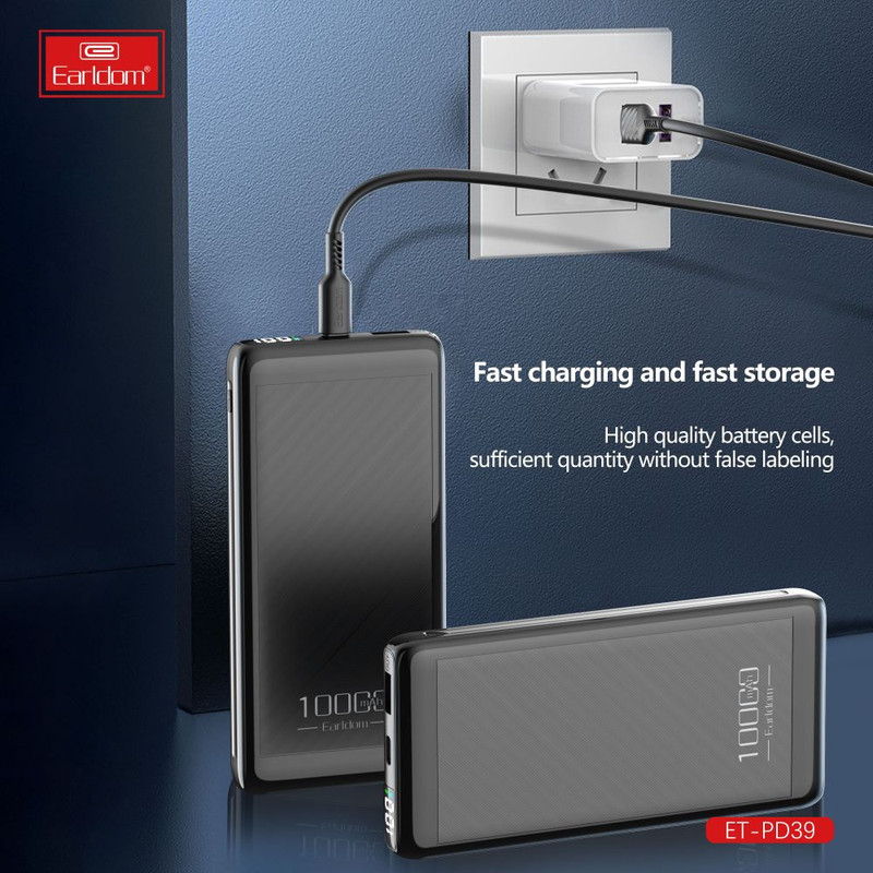 پاوربانک 22.5 وات ارلدام مدل PD39 ظرفیت 10000 میلی‌آمپرساعت به همراه یک عدد کابل MICROUSB