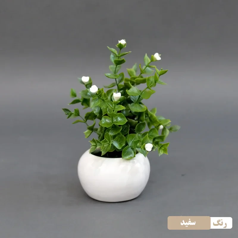 گلدان به همراه گل مصنوعی بوته شمشاد، ابعاد 10×10×18 سانتی‌متر، وزن 150 گرم