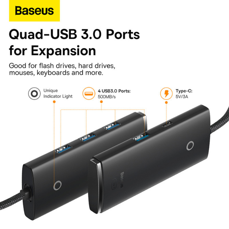 هاب 4 پورت usb3 باسئوس مدل Lite Series -WKQX03010 1M