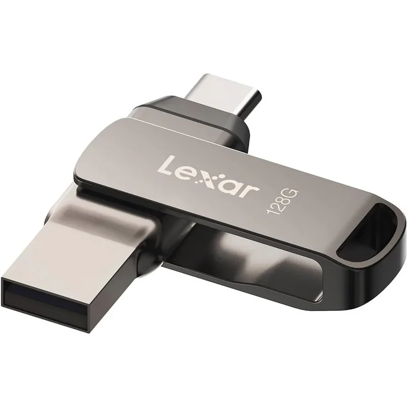 فلش مموری لکسار مدل JumpDrive Dual Drive D400 ظرفیت 32 گیگابایت، دو درگاه USB Type-C و Type-A، سرعت انتقال 130 مگابایت بر ثانیه، مقاوم در برابر آب، ضربه، شوک و گرد و غبار، بدنه فلزی چرخشی و رمزگذاری خودکار اطلاعات
