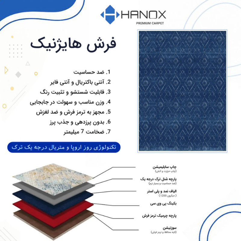 فرش ماشینی 1000 شانه زمینه آبی حاشیه طوسی هانوکس مدل مراکشی کد MHX.008.2