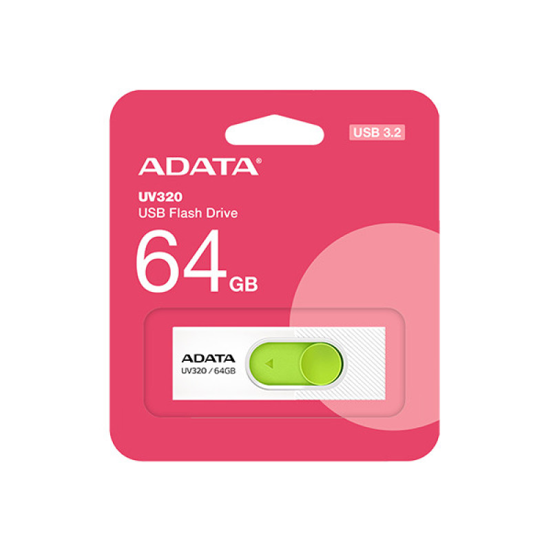 فلش‌مموری کشویی ای دیتا مدل UV320 ظرفیت 64 گیگابایت با رابط USB 3.2 Gen1 سرعت انتقال تا 10 گیگابیت بر ثانیه و سازگار با ویندوز، مک، لینوکس، گوشی و تلویزیون