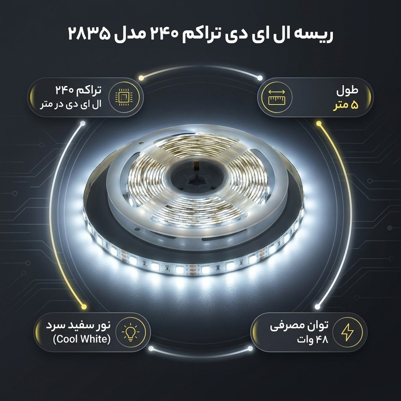 نوار ال ای دی تراکم 240 مدل 2835 IP20 طول 5 متر