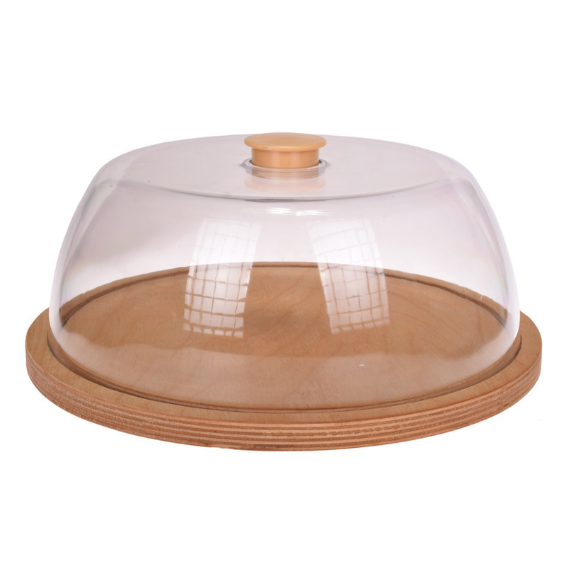 ظرف کیک چوبی با درب طلقی و دستگیره پلاستیکی، قطر 25 cm، ارتفاع 12 cm، قابل شست‌وشو در ماشین ظرفشویی، کد 1010