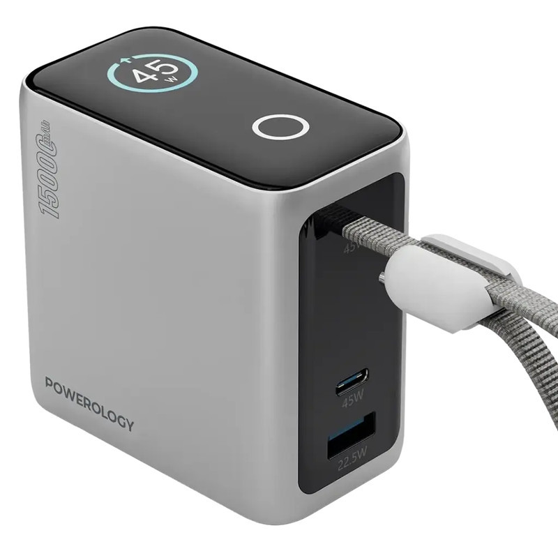 پاور بانک 45 وات پاورولوجی مدل ppbcha60 با ظرفیت 15000 هزار میلی آمپر ساعت به همراه کابل USB-C