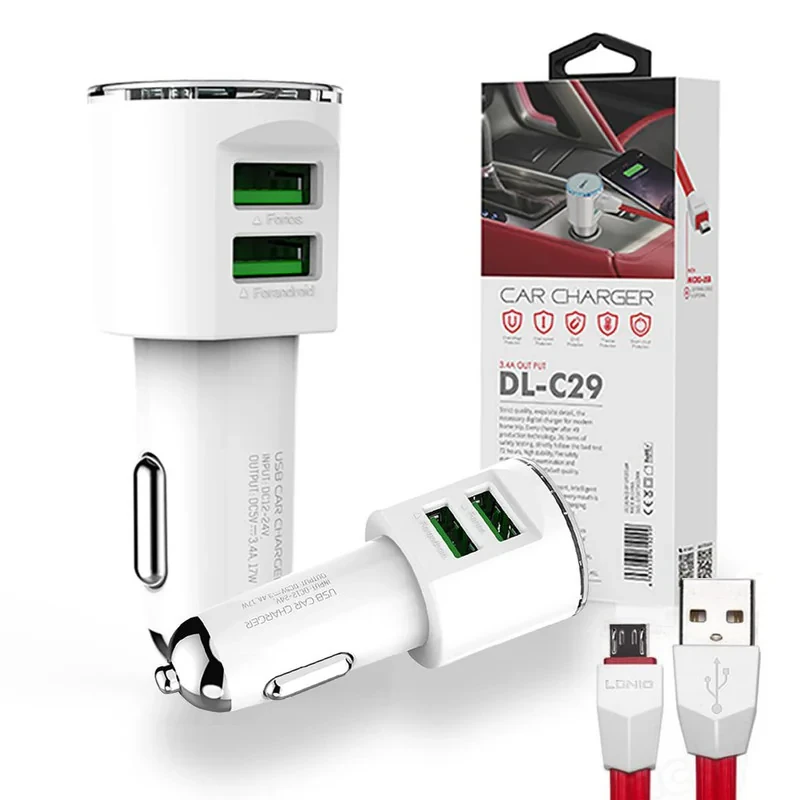 شارژر فندکی الدینیو مدل DL-C29 به همراه کابل تبدیل microUSB