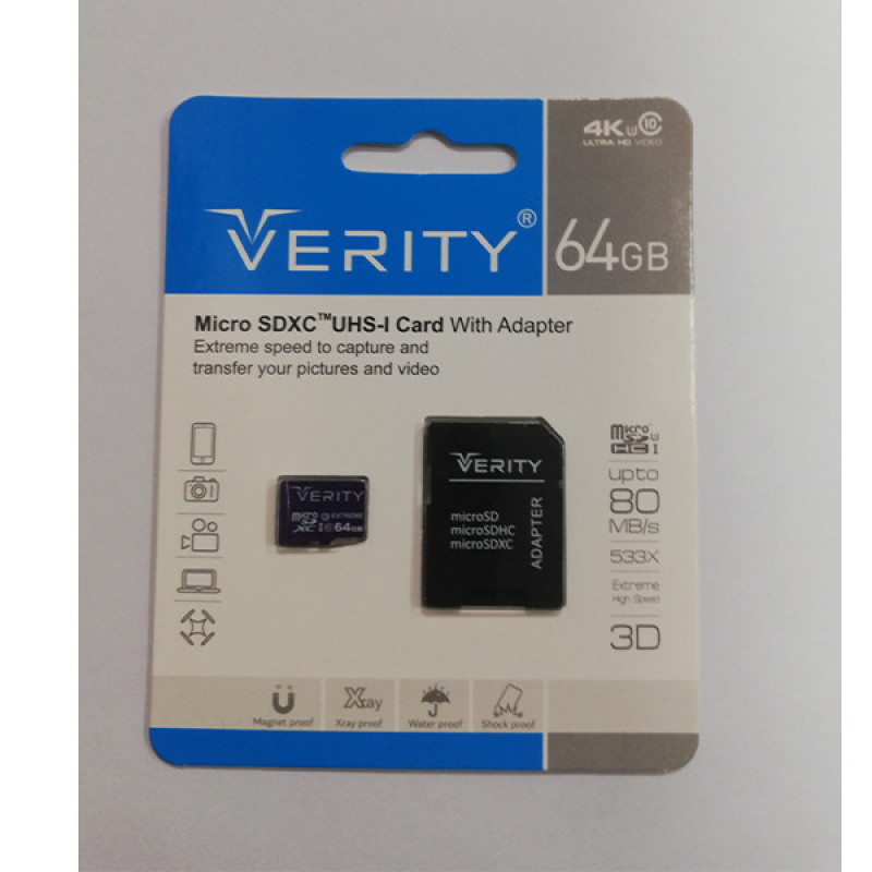 کارت حافظه microSDXC وریتی مدل Extreme کلاس 10 استاندارد UHS-I U3 سرعت 80MBps ظرفیت 64 گیگابایت به همراه آداپتور SD