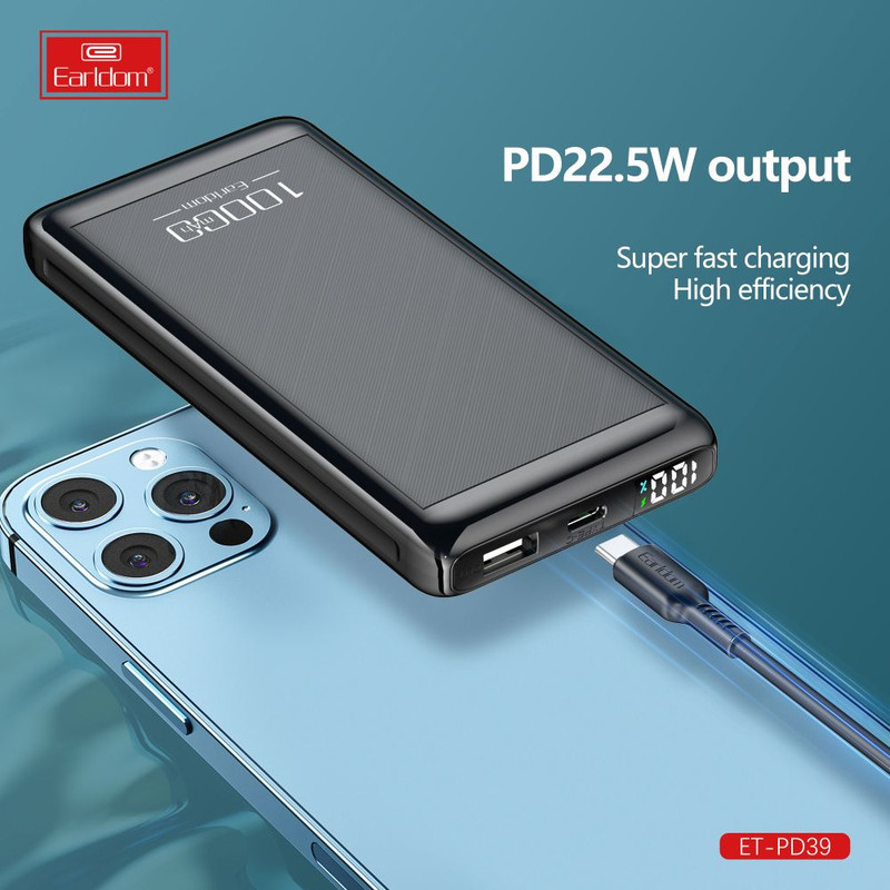 پاوربانک 22.5 وات ارلدام مدل PD39 ظرفیت 10000 میلی‌آمپرساعت به همراه یک عدد کابل MICROUSB