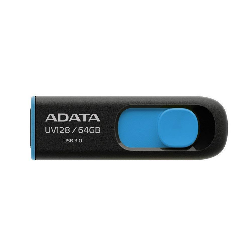 فلش مموری کشویی ای‌دیتا مدل DashDrive UV128 ظرفیت 64GB، رابط USB 3.0 با سرعت خواندن 90 و نوشتن 40MBs، طراحی ضد خش و ضد گرد و خاک، قابلیت اتصال بند حمل