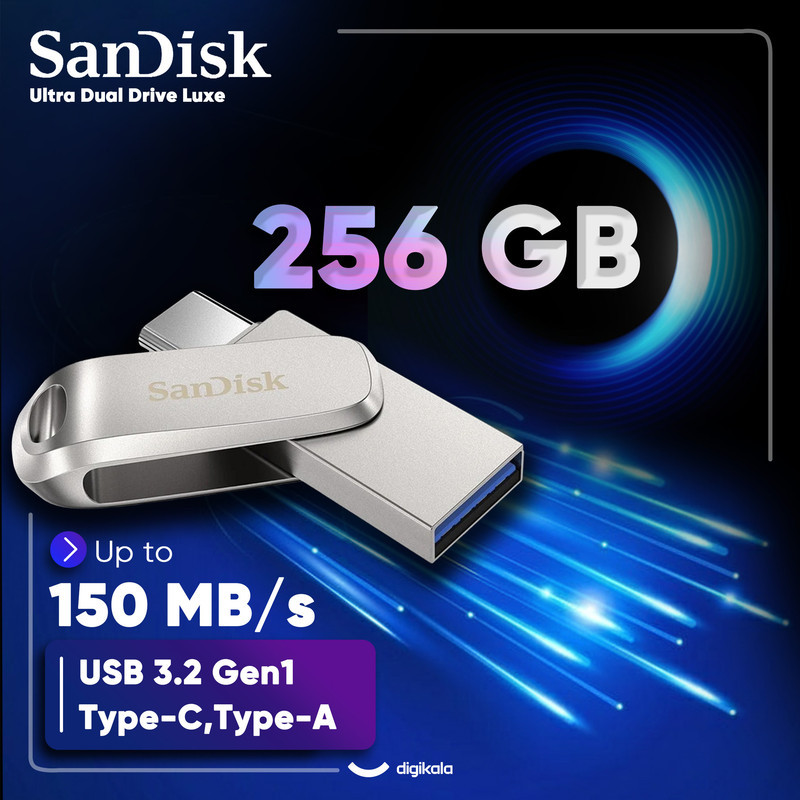 فلش مموری سن دیسک Ultra Dual Drive Luxe ظرفیت 256 گیگابایت با طراحی چرخشی، دو رابط USB Type-C و USB Type-A، استاندارد USB 3.2 Gen1، بدنه فلزی و سازگار با تبلت، گوشی، کامپیوتر و مک