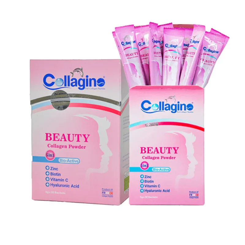 پودر کلاژن تقویت‌کننده پوست، مو و ناخن کلاژینو بیوتی مدل Beauty حاوی کلاژن پپتاید ماهی، ویتامین سی، زینک، بیوتین و هیالورونیک اسید، مکمل 5 در 1 ضدپیری و آنتی‌اکسیدان ساخت فرانسه، بسته 30 عددی