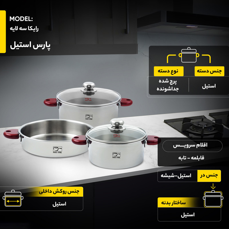 سرویس پخت و پز 5 پارچه پارس استیل مدل رایکا سه لایه