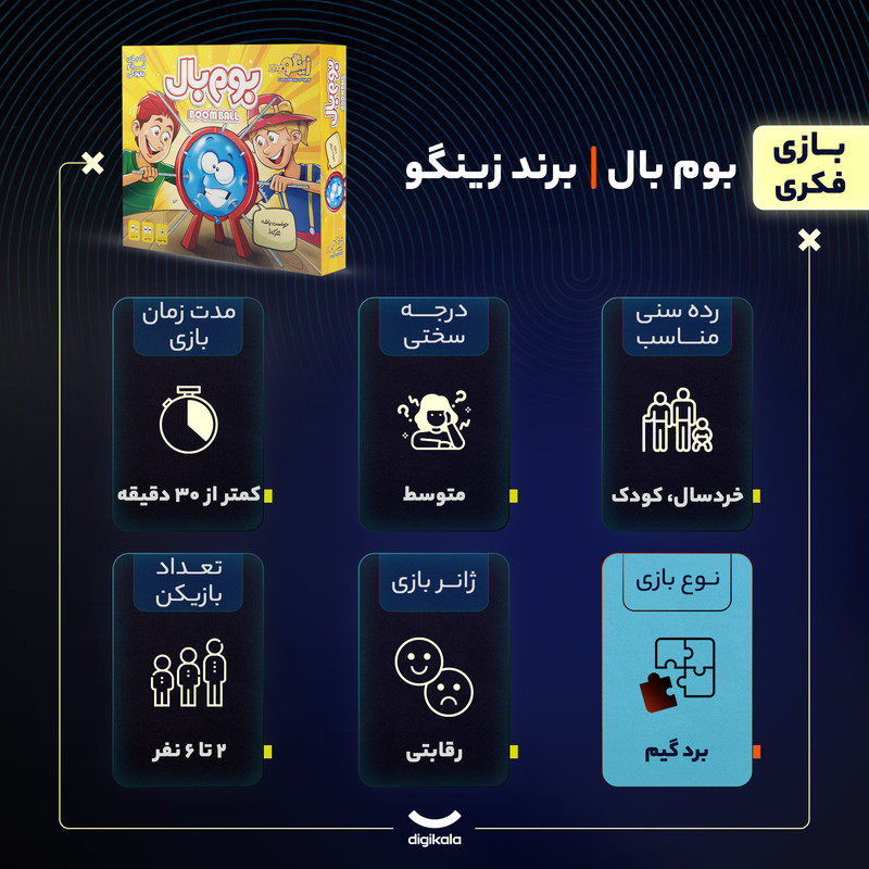 بازی فکری زینگو مدل بوم بال، رقابتی شانسی برای 2 تا 6 نفر، مناسب خردسال و کودک، افزایش دقت، تمرکز، تفکر استراتژیک و تصمیم‌گیری، درجه سختی متوسط، مدت بازی زیر 30 دقیقه