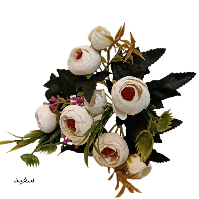 گل مصنوعی بوته نسترن مینیاتوری، 8 گل با 5 بازو، گل‌های پارچه‌ای و ساقه پلاستیکی، ارتفاع 25 سانتی‌متر، قطر سرگل 3 سانتی‌متر مناسب گلدان کوچک رومیزی و دیزاین دسته گل