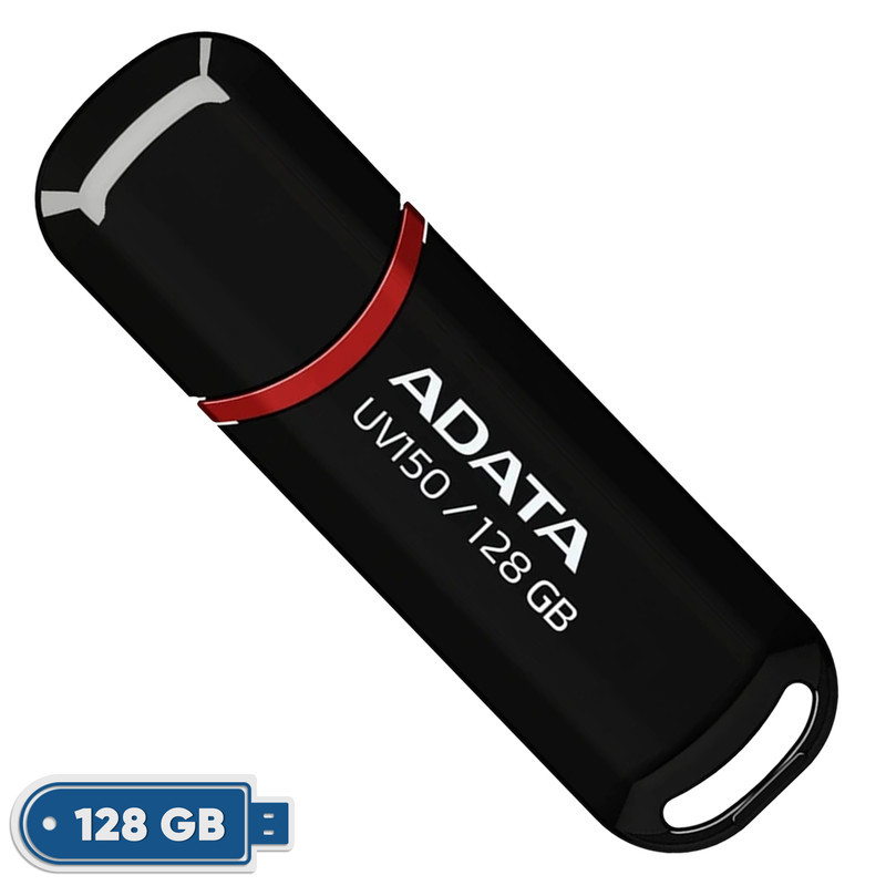 فلش مموری ای دیتا مدل UV150 ظرفیت 128 گیگابایت با رابط USB 3.2 Gen1 و پشتیبانی از انواع سیستم‌عامل، طراحی درپوش‌دار و سازگار با کامپیوتر، لپ‌تاپ، موبایل و تلویزیون