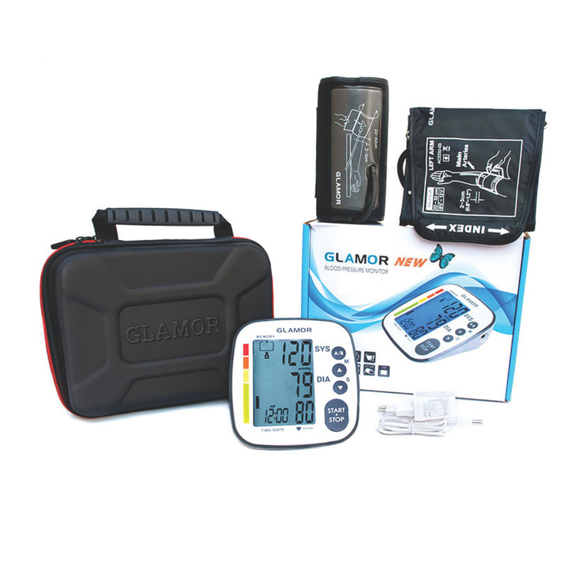فشارسنج بازویی دیجیتال گلامور مدل TMB-995 NEW با دو کاف فنری و ساده سایز 22-32 و 22-42 سانتی‌متر، صفحه نمایش بزرگ، حافظه 120 عدد برای دو کاربر، آداپتور و کیف ضد ضربه، قابلیت اندازه‌گیری حین باد شدن کاف و خاموشی خودکار پس از 1 دقیقه