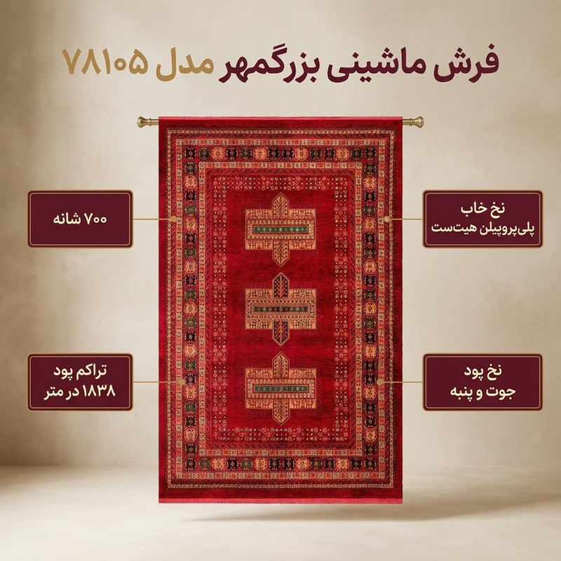 فرش ماشینی 700 شانه فرش بزرگمهر زمینه قرمز لاکی حاشیه سبز مدل 78105