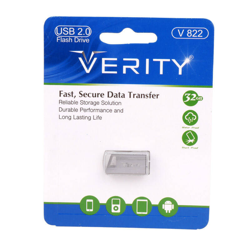 فلش مموری وریتی مدل V822 ظرفیت 32 گیگابایت، بدنه فلزی مقاوم در برابر ضربه و خش، سازگار با ویندوز و مک، رابط USB2.0، همراه با حلقه و قلاب فلزی حمل آسان