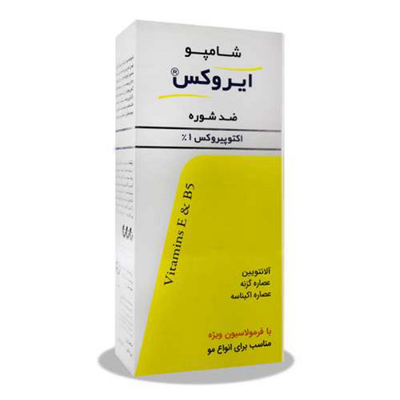 شامپو ضدشوره ایروکس مخصوص موهای دارای شوره و انواع مو، حجم 200 میلی‌لیتر مدل اکتوپیروکس، حاوی ویتامین‌های E و B5، تقویت‌کننده با عصاره گزنه و بید کانادایی