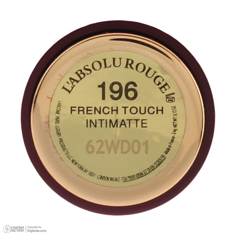 رژ لب لانکوم مدل French Touch با شماره رنگ 196 و رنگ قرمز، جلوه مات و وزن 3.4 گرم، مناسب استفاده روزانه