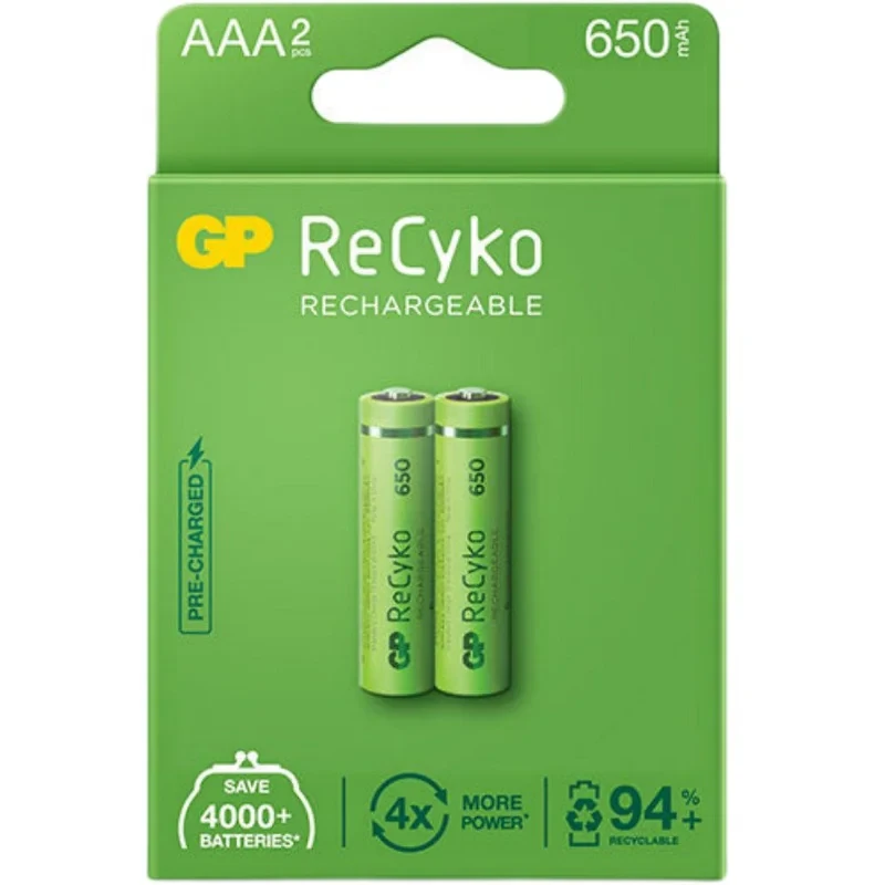 باتری نیم قلمی قابل شارژ جی پی  مدل Recyko 650 بسته دو عددی