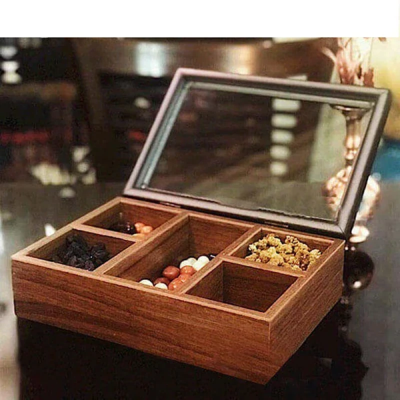 جعبه پذیرایی چوبی جای تی بگ و دمنوش مدل MD1299 با 5 محفظه جداگانه و درب محافظ برای جلوگیری از گرد و غبار